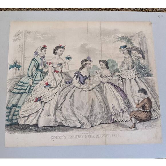 Antique Godey's Victorian Rare Hand Colored Fashion Book Plate Print August 1865 - Picture 5 of 10